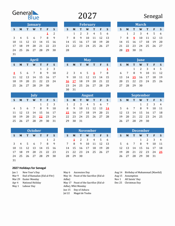 Printable Calendar 2027 with Senegal Holidays (Sunday Start)