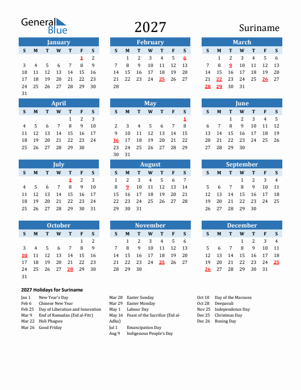 Printable Calendar 2027 with Suriname Holidays (Sunday Start)