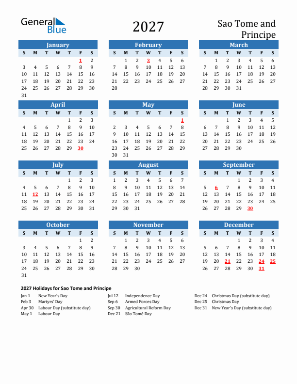 Printable Calendar 2027 with Sao Tome and Principe Holidays (Sunday Start)