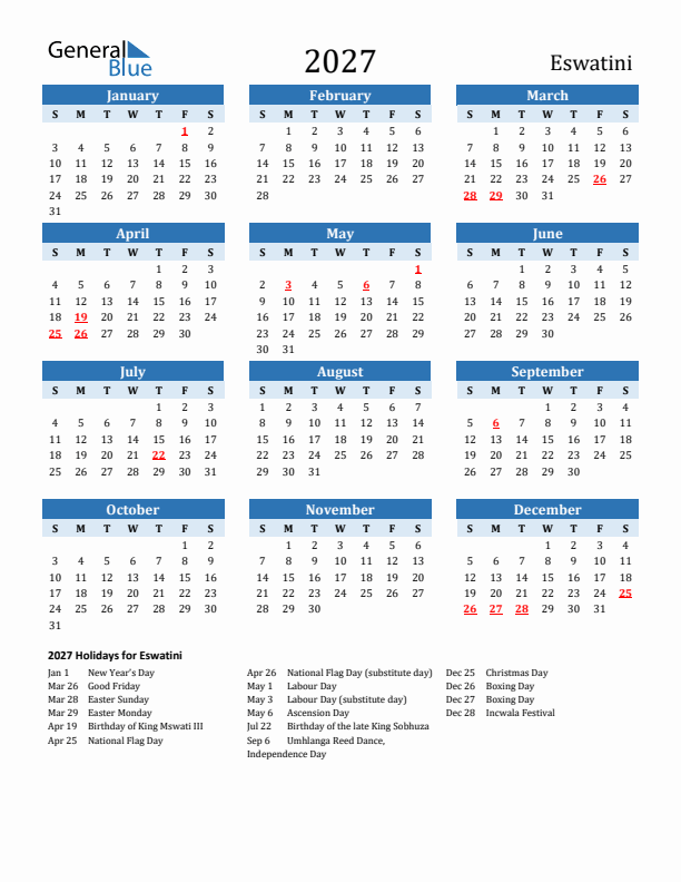 Printable Calendar 2027 with Eswatini Holidays (Sunday Start)
