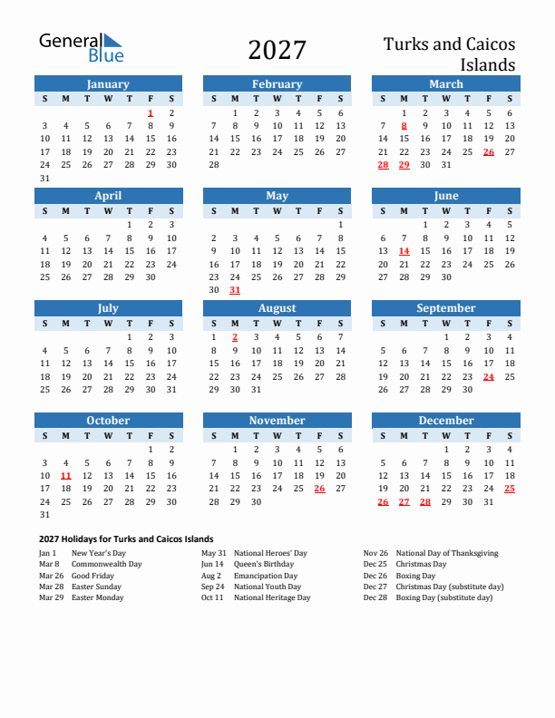 Printable Calendar 2027 with Turks and Caicos Islands Holidays (Sunday Start)