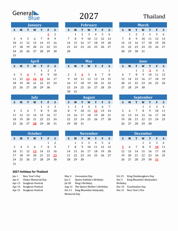 Printable Calendar 2027 with Thailand Holidays (Sunday Start)