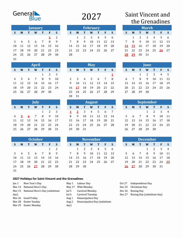 Printable Calendar 2027 with Saint Vincent and the Grenadines Holidays (Sunday Start)