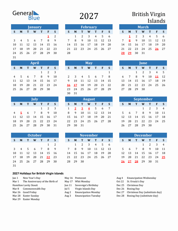 Printable Calendar 2027 with British Virgin Islands Holidays (Sunday Start)