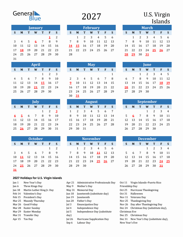 Printable Calendar 2027 with U.S. Virgin Islands Holidays (Sunday Start)
