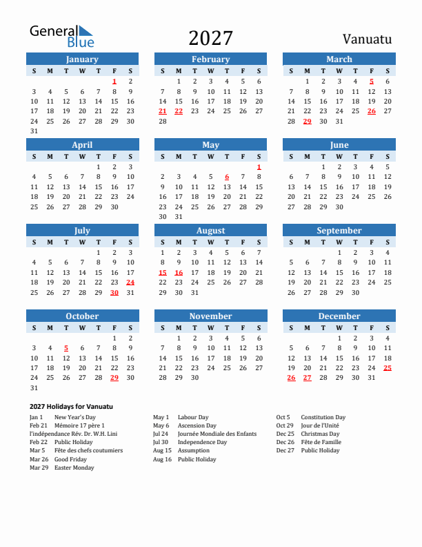 Printable Calendar 2027 with Vanuatu Holidays (Sunday Start)