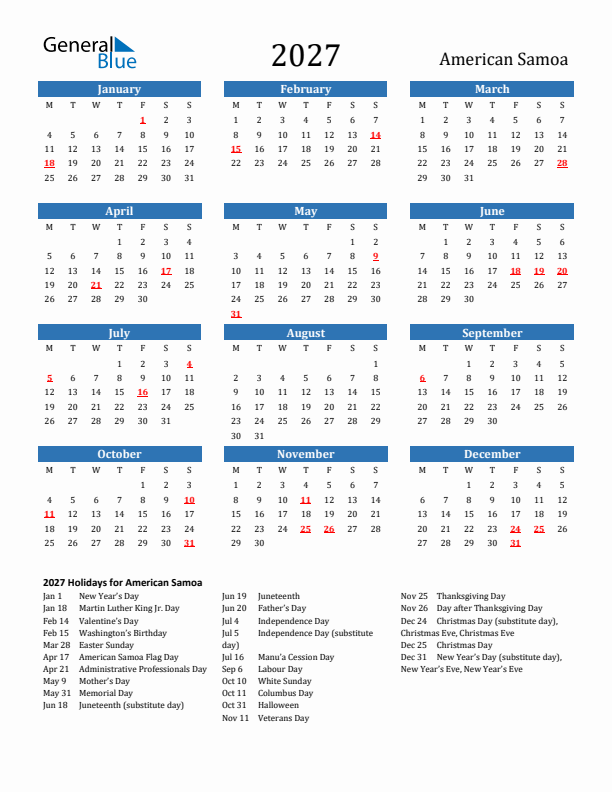 American Samoa 2027 Calendar with Holidays