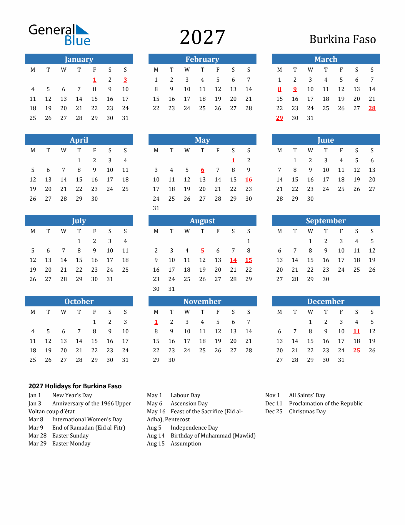 Burkina Faso 2027 Calendar with Holidays