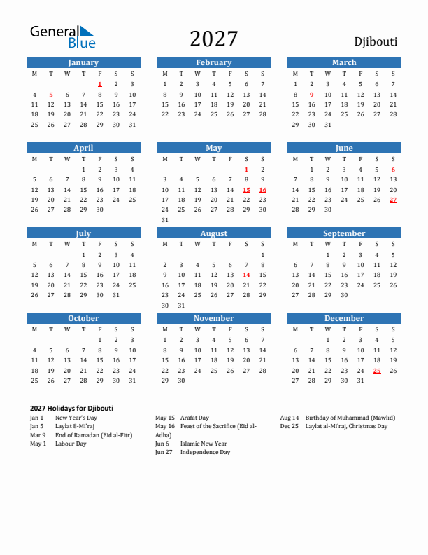 Djibouti 2027 Calendar with Holidays