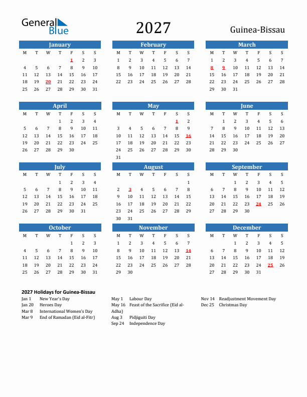 Guinea-Bissau 2027 Calendar with Holidays