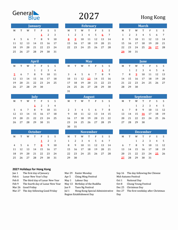 Hong Kong 2027 Calendar with Holidays