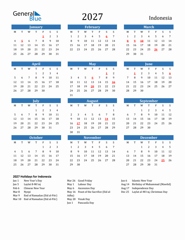 Indonesia 2027 Calendar with Holidays