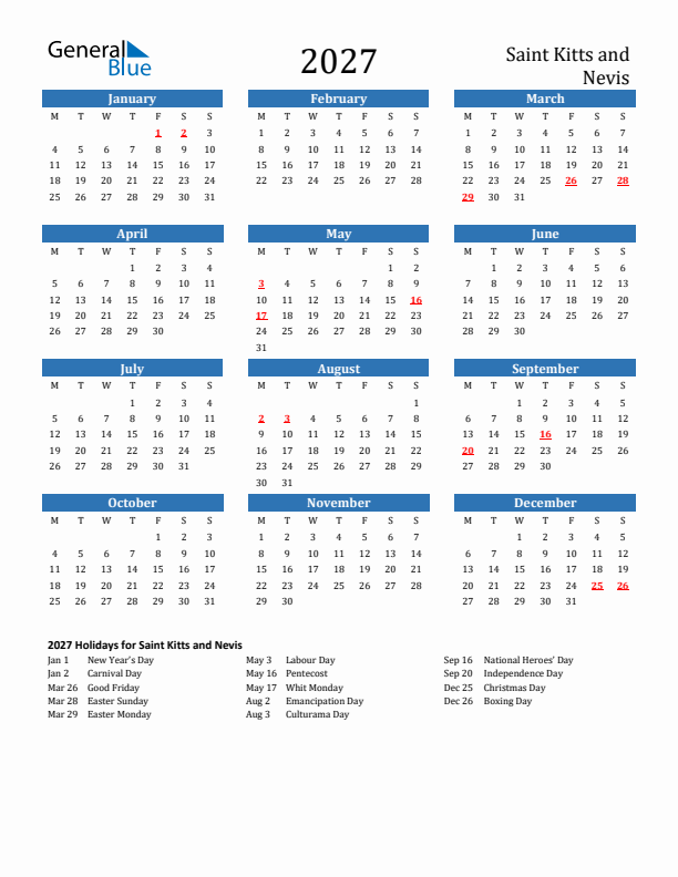 Saint Kitts and Nevis 2027 Calendar with Holidays