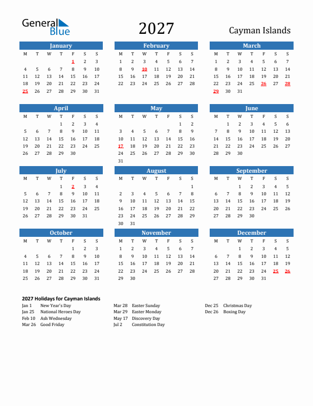 Cayman Islands 2027 Calendar with Holidays