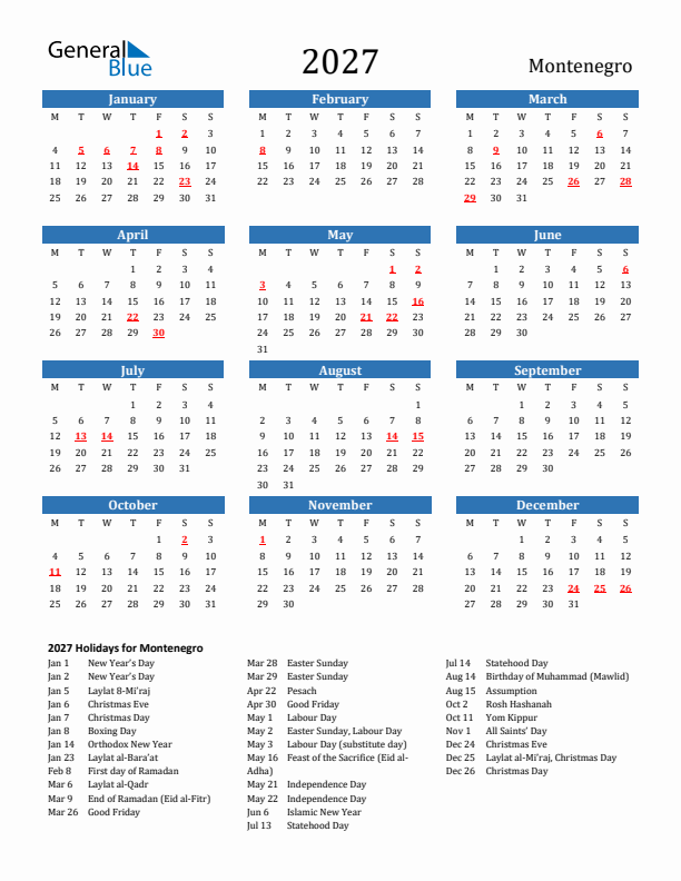 Montenegro 2027 Calendar with Holidays