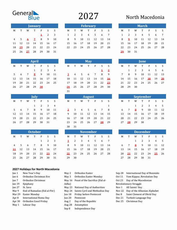North Macedonia 2027 Calendar with Holidays
