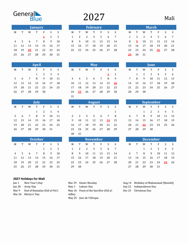 Mali 2027 Calendar with Holidays