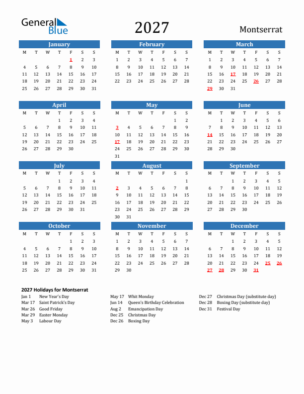 Montserrat 2027 Calendar with Holidays