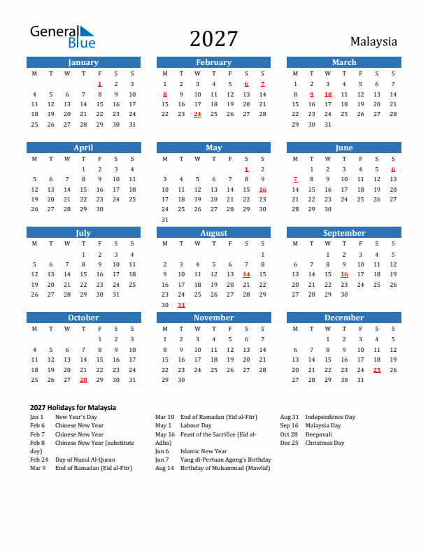 Malaysia 2027 Calendar with Holidays