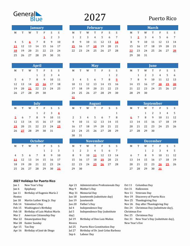 Puerto Rico 2027 Calendar with Holidays