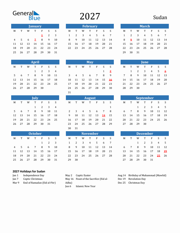 Sudan 2027 Calendar with Holidays