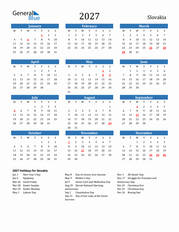 Slovakia 2027 Calendar with Holidays