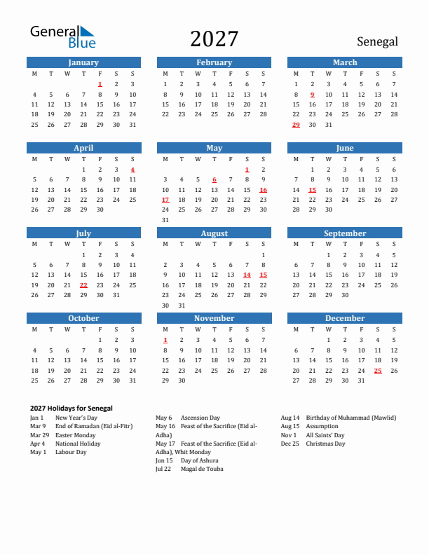 Senegal 2027 Calendar with Holidays