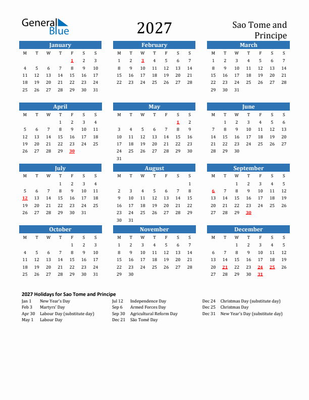 Sao Tome and Principe 2027 Calendar with Holidays