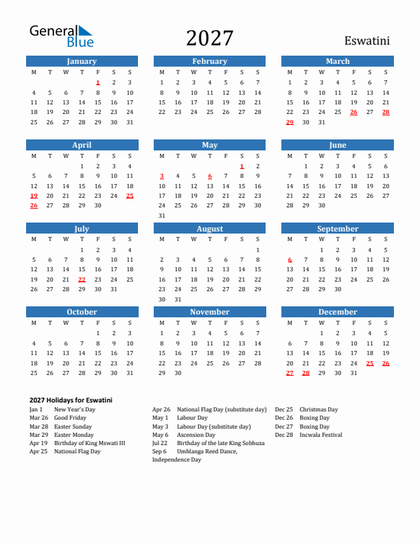 Eswatini 2027 Calendar with Holidays