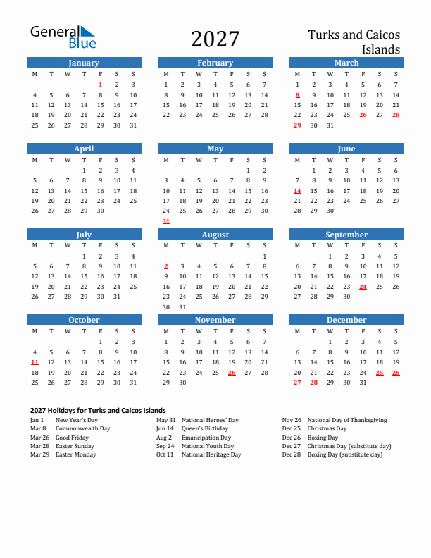 Turks and Caicos Islands 2027 Calendar with Holidays