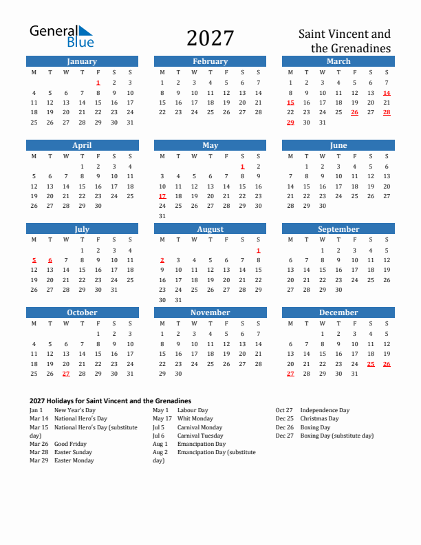 Saint Vincent and the Grenadines 2027 Calendar with Holidays