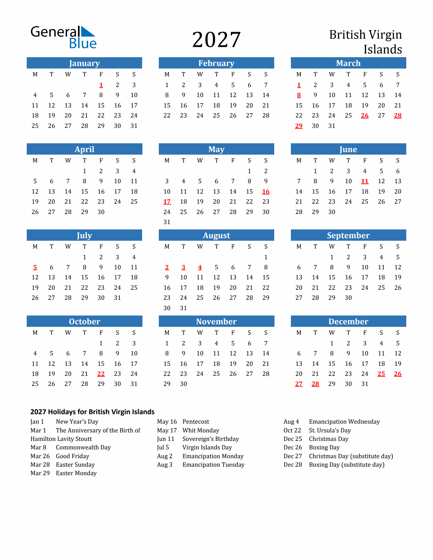 British Virgin Islands 2027 Calendar with Holidays