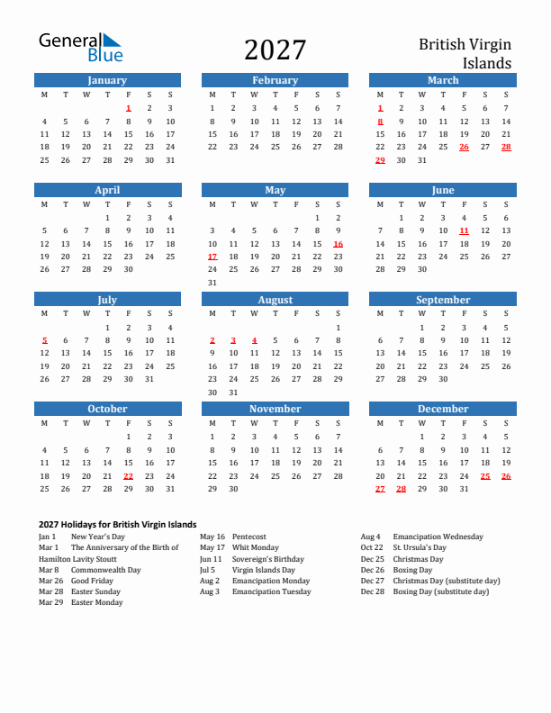 British Virgin Islands 2027 Calendar with Holidays