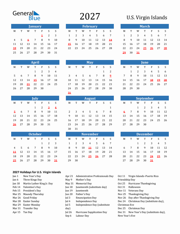U.S. Virgin Islands 2027 Calendar with Holidays
