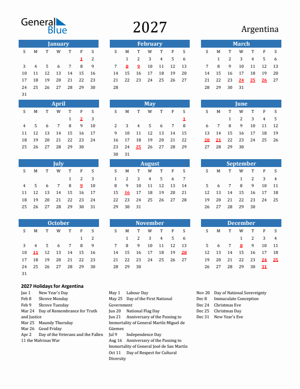 Argentina 2027 Calendar with Holidays