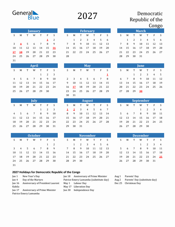 Democratic Republic of the Congo 2027 Calendar with Holidays