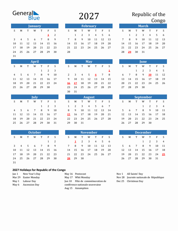 Republic of the Congo 2027 Calendar with Holidays