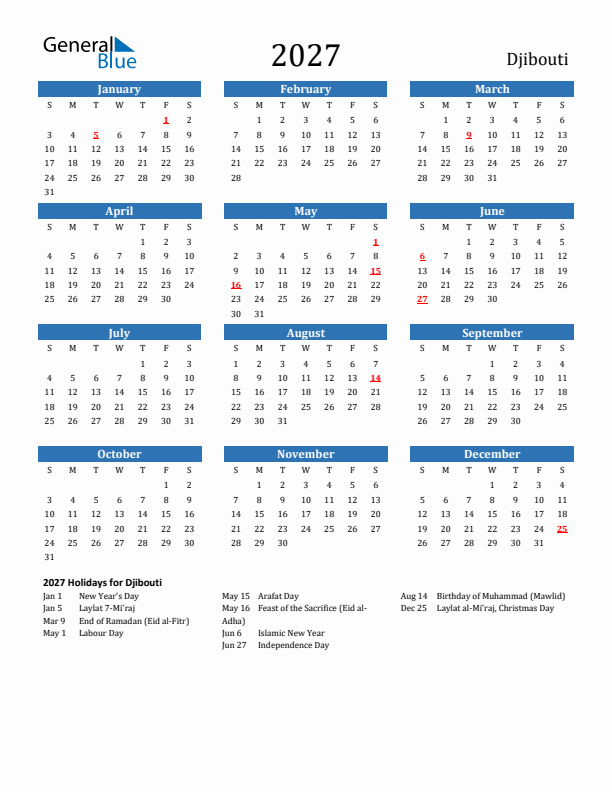 Djibouti 2027 Calendar with Holidays