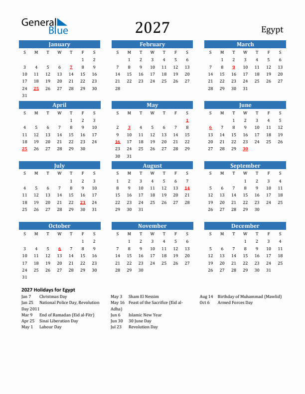 Egypt 2027 Calendar with Holidays