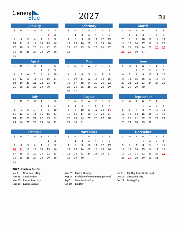 Fiji 2027 Calendar with Holidays