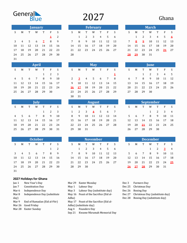 Ghana 2027 Calendar with Holidays