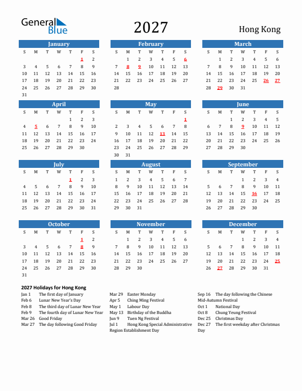 Hong Kong 2027 Calendar with Holidays