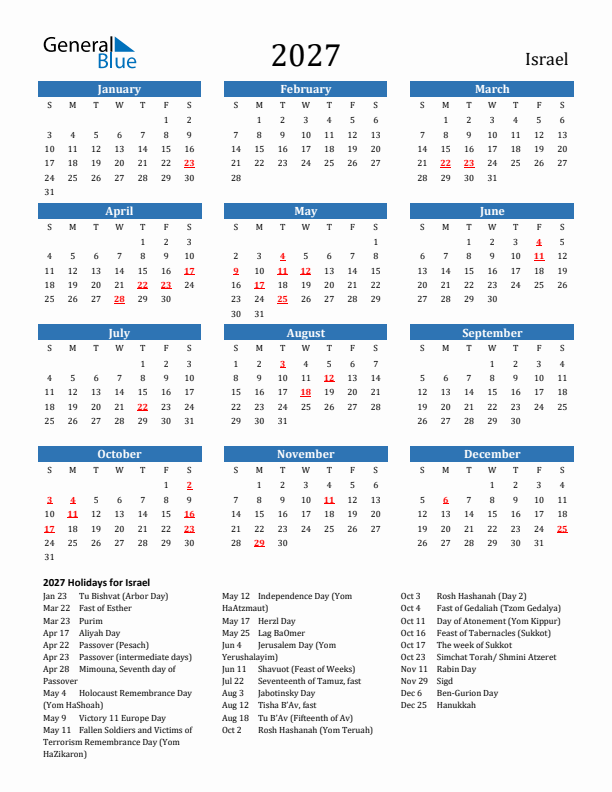 Israel 2027 Calendar with Holidays