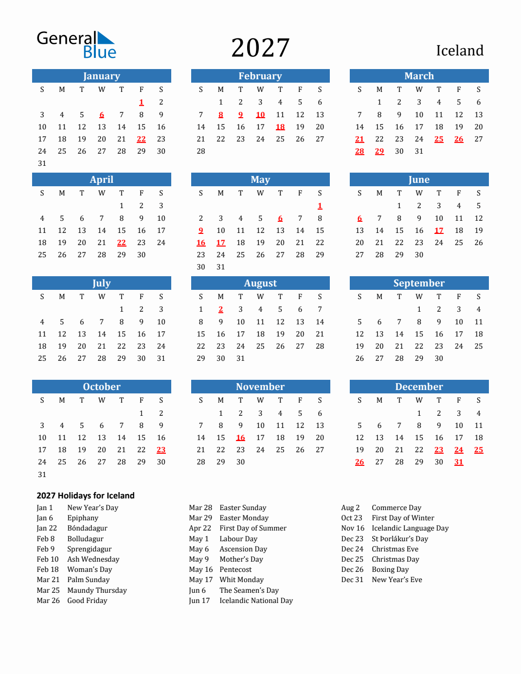 2027 Iceland Calendar with Holidays