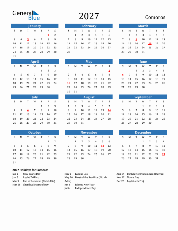 Comoros 2027 Calendar with Holidays