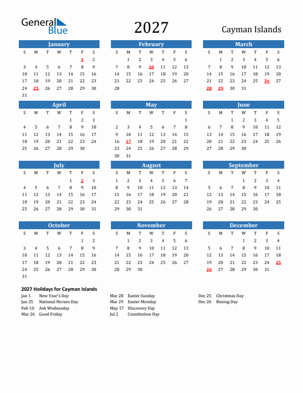 Cayman Islands 2027 Calendar with Holidays