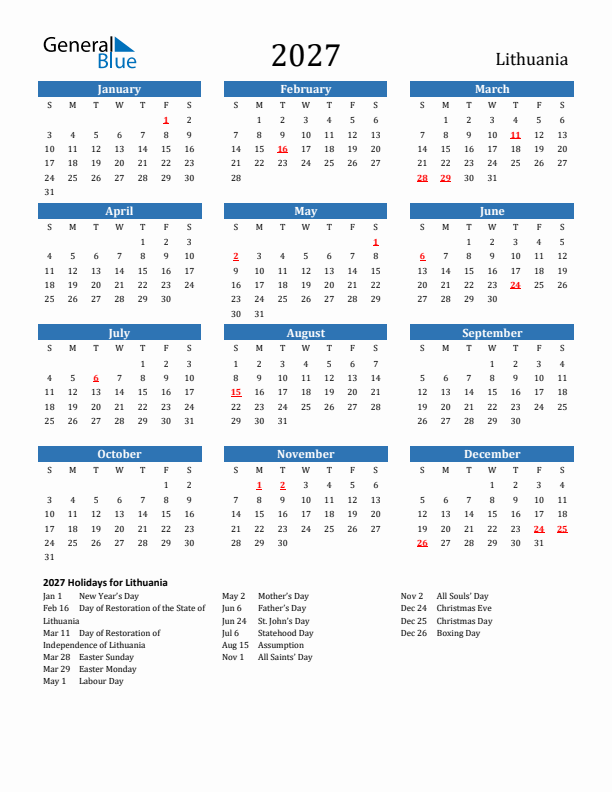 Lithuania 2027 Calendar with Holidays