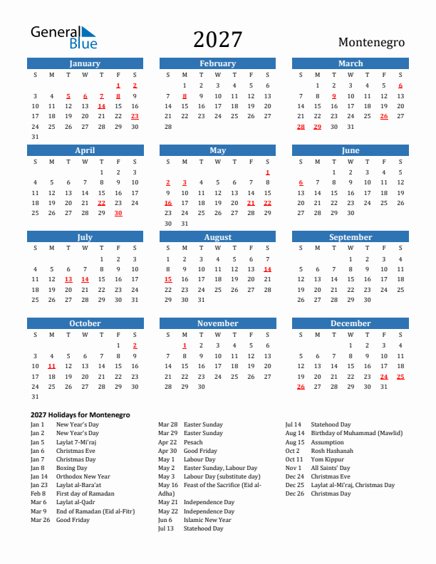 Montenegro 2027 Calendar with Holidays