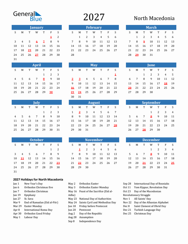North Macedonia 2027 Calendar with Holidays
