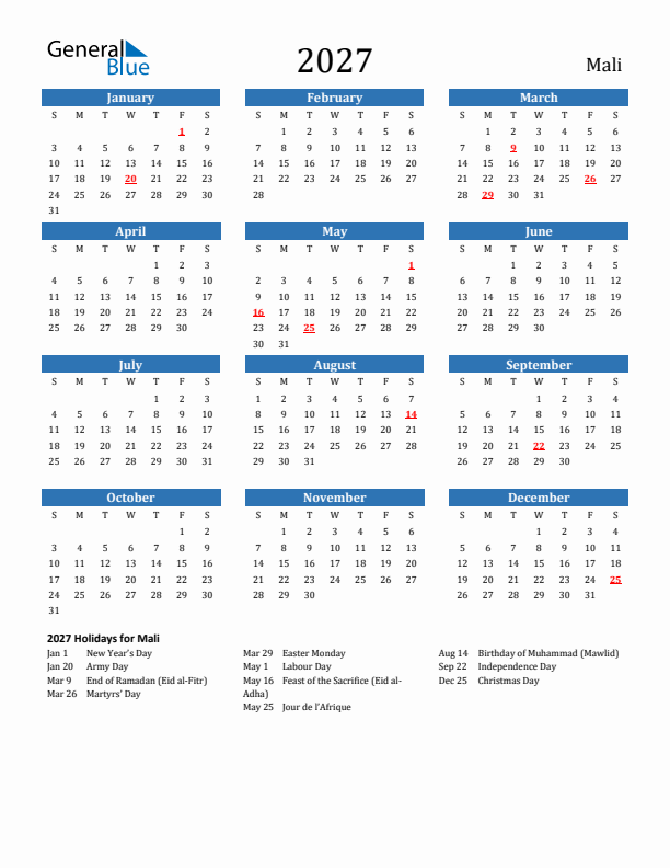 Mali 2027 Calendar with Holidays